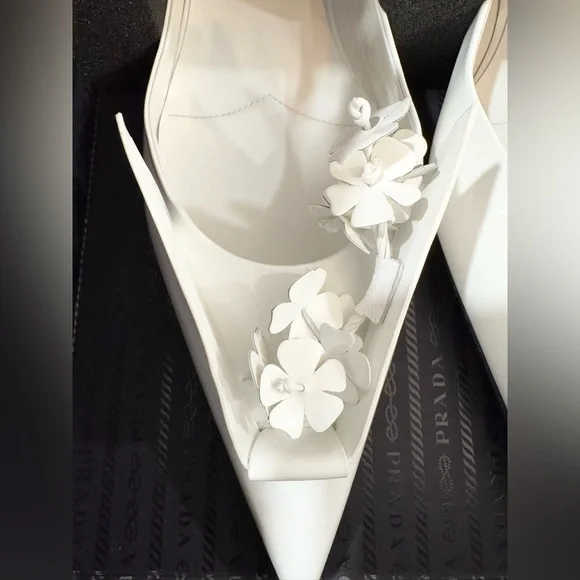 PRADA White Floral Embellished leather ballet flats